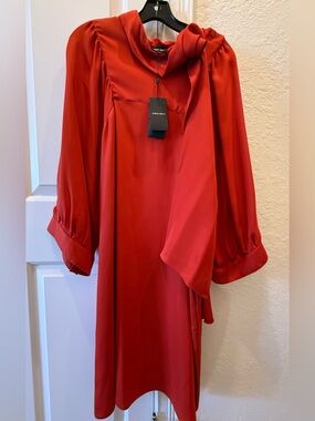 NWT Giorgio Armani Silk Elegant Red Mulberry Silk Tie-Neck Dress